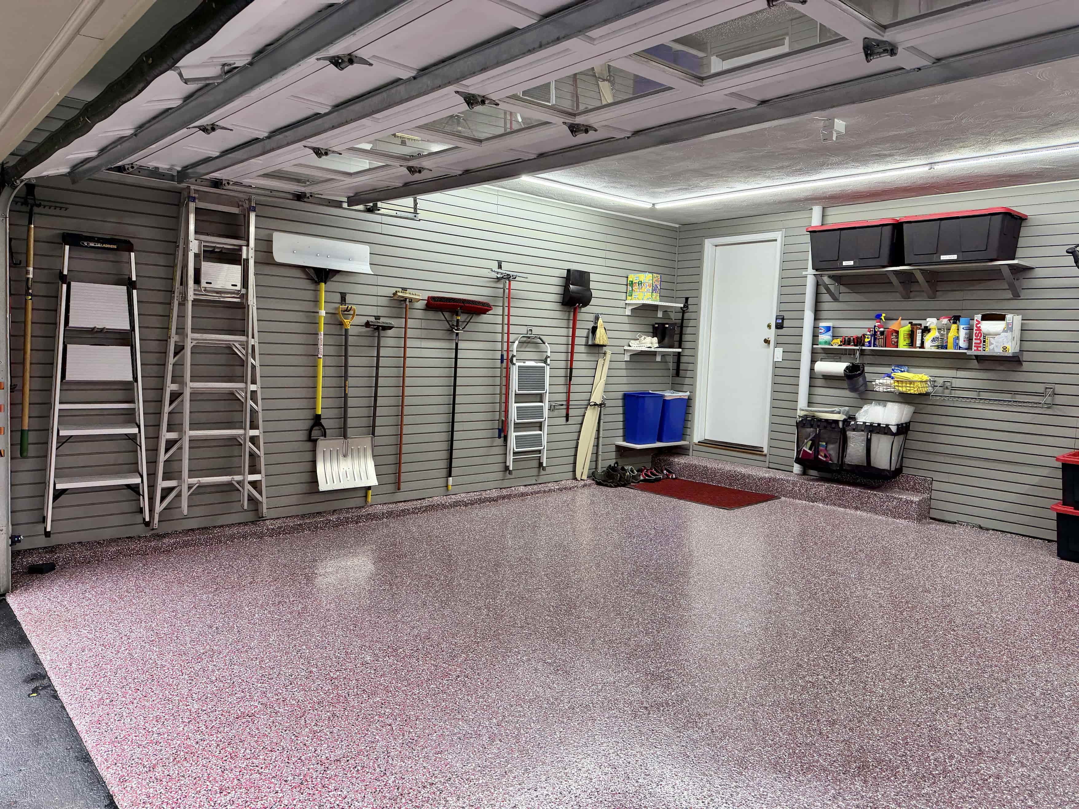 Ladders reach to the top of the ceiling. Maximize vertical space for items you use less often. Seasonal gear, bins, and bulk items stay organized and out of the way until you need them.