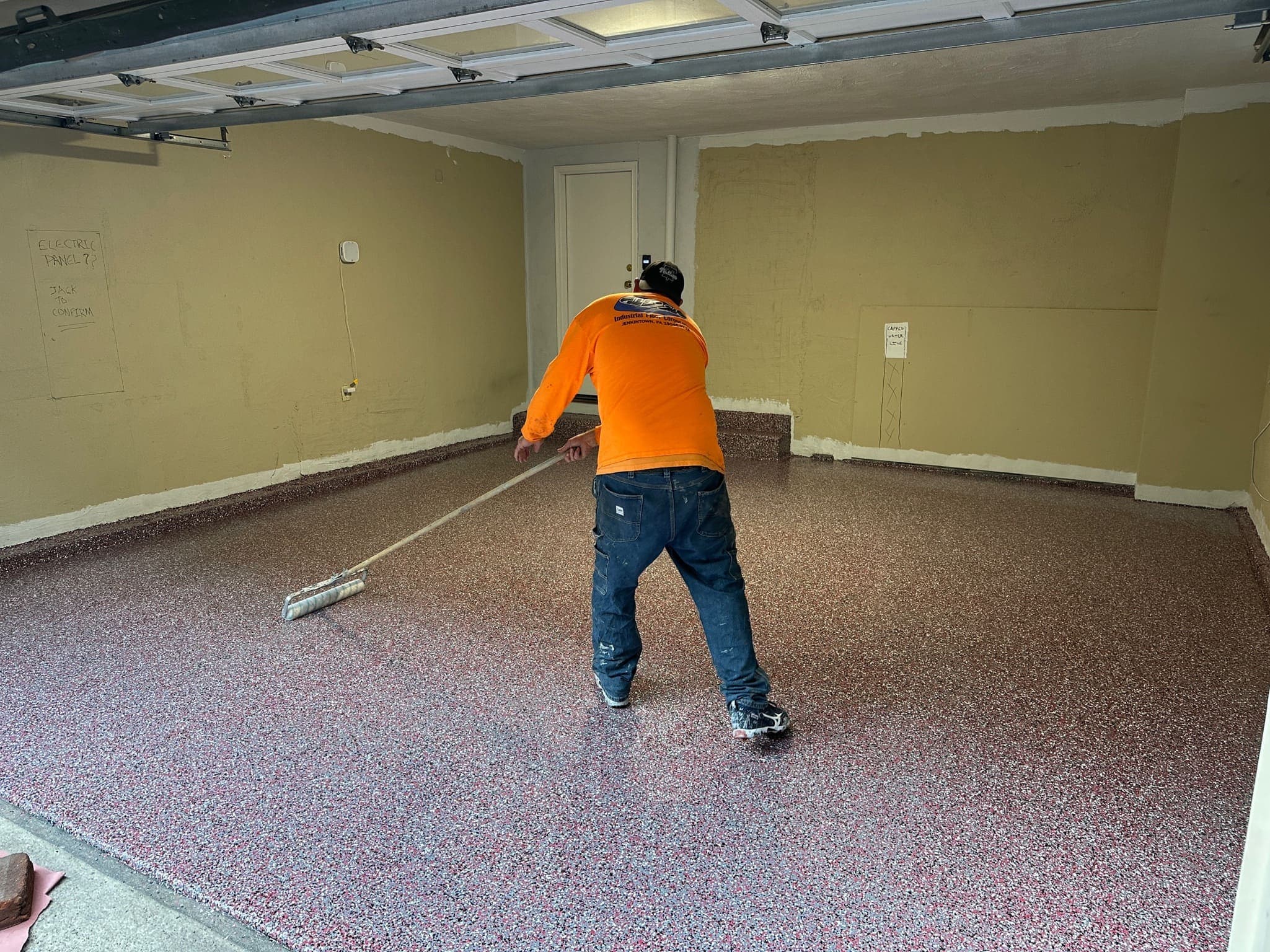 Day 2 and 3. Epoxy and clear coat go down after the floor is ground with a diamond grinder until perfectly smooth. This creates a durable, easy to clean surface that resists stains and looks great for years.